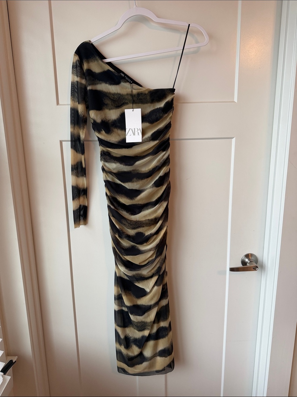 Zara One-Shoulder Ruched Zebra-Stripe Midi Dress in Beige and Black